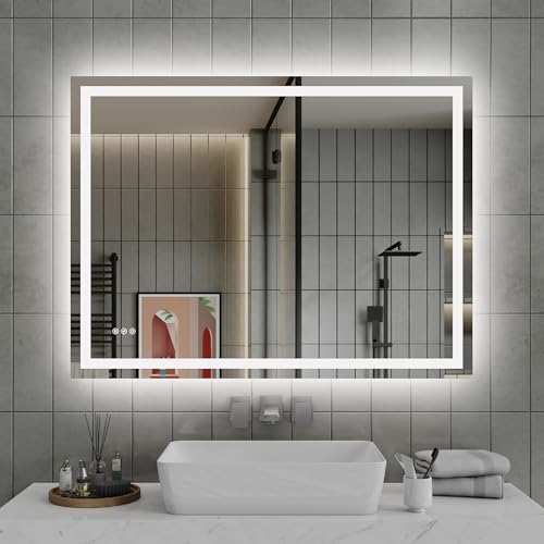 ImageYou 48X36 Inch LED Bathroom Mirror with Lights, Dimmable, Anti-Fog, Front Lit, Lighted Vanity Mirror for Wall, Sand Matte White Finish, High-Definition Waterproof Glass, Memory Function