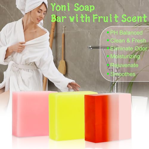 Image of 3 Pack Organic Handmade Yoni Soap Bars For Women Ph Balance, Feminine Vaginal Wash V Cleansing Bar Soap for Women, All Natural Soap Bar with Bubble Foam Net, Yoni Wash Away Odor (P+P+S)