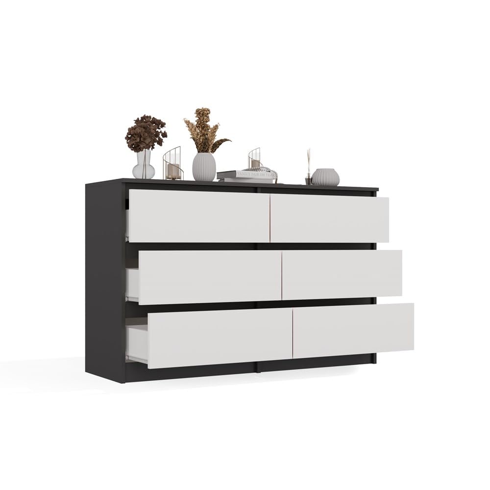 CDF Commode anthracite blanche avec 6 tiroirs, profondeur 30 cm, commode, pour salon, chambre à coucher, grand espace de rangement, convient pour organiser les vêtements, 120 cm de large, moderne