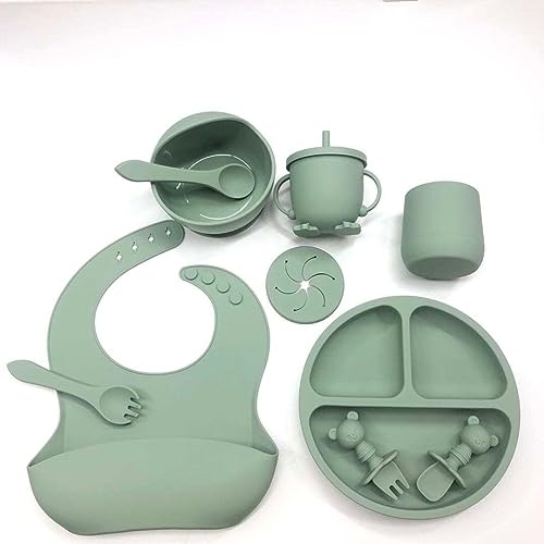 Image of Baby Dinnerware Set, Toddler Plates & Bowls | Baby Feeding Essentials Including Bib, Plate, Bowl, Cups & Utensils | Food-Safe Silicone Material & Dishwasher Safe (Military Green)