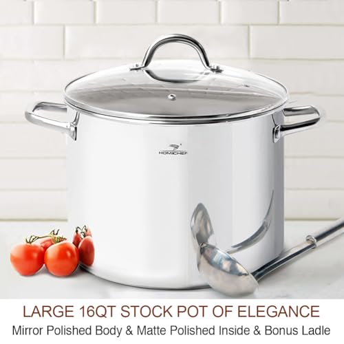 HOMICHEF 16 Quart Nickel-Free Stainless Steel Stock Pot with Glass Lid - Induction-Ready Commercial Grade Cooking Pot