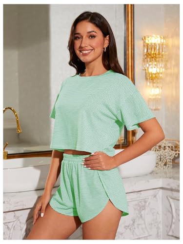 Image of OYOANGLE Womens Pajama Sets 2 Piece Sexy Lounge Sets Summer Cute Pjs Striped Print Tee and Side Split Shorts Set