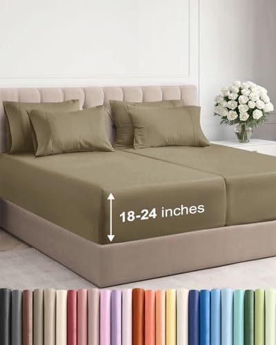 Image of Extra Deep Split King Sheet Set - 7 Piece Breathable Cooling Sheets - Khaki | Hotel Luxury Bed Sheets Set, Easy & Secure Fit, Ultra-Soft, Wrinkle & Fade Free, Comfy Sheets Set with Extra Deep Pockets
