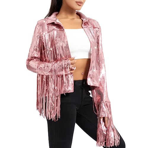 FEORJGP Women Sparkly Sequin Jacket Shiny Glitter Tassel Fringe Hem Disco Jacket Sequin Fringe Jacket Coat Y2K 90s Streetwear