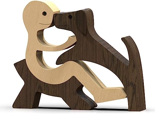 Jognee Handgefertigte Holzstatue, Welpen-Holzschnitz-Ornamente, herzerwärmendes Geschenk für Hundeliebhaber, Bastelfigur, Holz, kleine Dekorationen für Zuhause, Büro, Wohnzimmer (A – Männer + Hund)