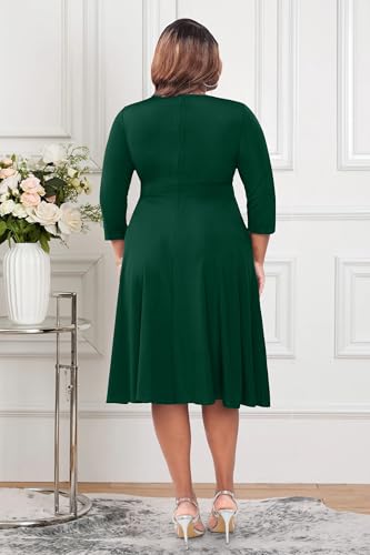 Image of Runwind Women's Plus Size Midi Dress 3 /4 Sleeve Fit and Flare Cocktail Dresses Casual V-Neck Dress with Pockets