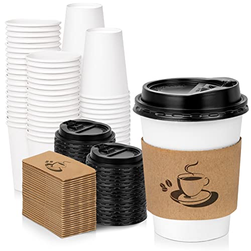 100 Pack Disposable Coffee Cups with Lids and Sleeves, 12 oz Iced Coffee Paper Cups with Lids for Hot Chocolate, Tea and Other Drinks, Hot Cups To Go Coffee Cups for Home, Cafes, Vending Machine