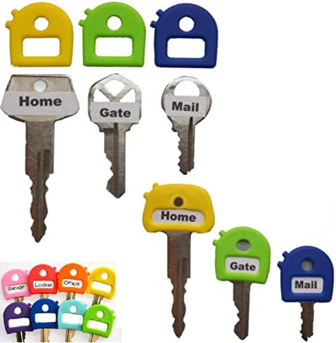 Key Caps Tags - Stretchy All-in-One Key Cover & Tags - ONE Size FITS Most Keys - 8 Pack Multicolor - Includes Blank Labels and Printed Labels - Key Covers, N