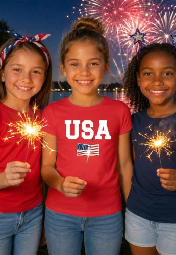 Image of Tstars Fitted Tee for Girls 4th of July Shirt | Patriotic American Cute Kids Heart Graphic Horse T-Shirt