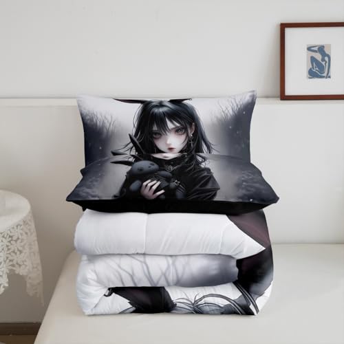 Image of Erosebridal Anime Girl Bedding Set Full,Anime Gifts Comforter Set for Girls Women,Gothic 3D Japanese Girl Down Comforter,Black Gothic Bed Set Exotic Rabbit Printed Duvet Insert with 2 Pillowcases