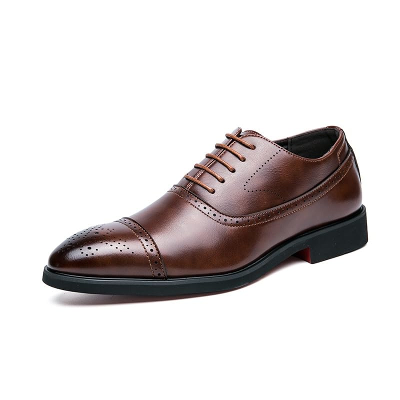 Oxford Shoes for Men Lace Up Pointed Burnished Toe Vegan Leather Cap Toe Oxford Shoes Slip Resistant Block Heel Rubber Sole Anti-Slip Wedding