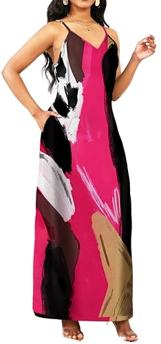 Image of Long Maxi Dresses for Women Sexy Adjustable Spaghetti Strap Floral Beach Summer Dress Casual Sundress with Pockets(Small) Rose Black