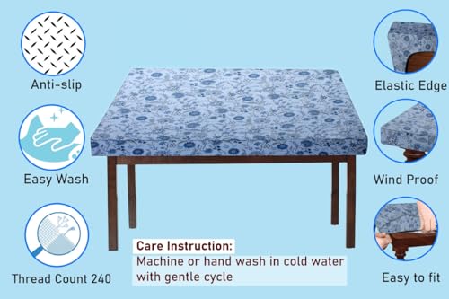 Image of The Furnishing Tree Elastic Cotton Square Dining Table Cover 44x44 in Inches Floral Navy Blue