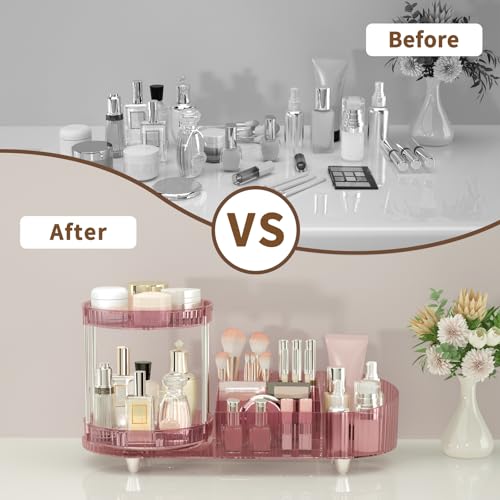 Image of 360 Rotating Makeup Organizer for Vanity, 2 Perfume Trays with 5 Compartments Cosmetic & Skincare Storage, Multi-Purpose Countertop Organizers for Bathroom, Desk, Pantry, Space-Saving Beauty Organizer