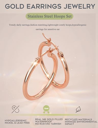 ORAZIO 4 Pairs Stainless Steel Hoop Earrings Set Cute Huggie Earrings for Women, Rose Gold Tone,10MM-20MM