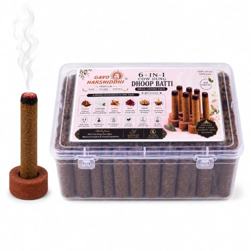 Image of GAVO HARSHIDDHI Premium Cow Dung Dhoop Batti Combo Pack 6-in-1 | 60 Bamboo Free & Charcoal Free Dhoop Sticks | Guggul Camphor Chandan Rose Loban Havan | Natural Pooja Dhoop for Home Temple Meditation