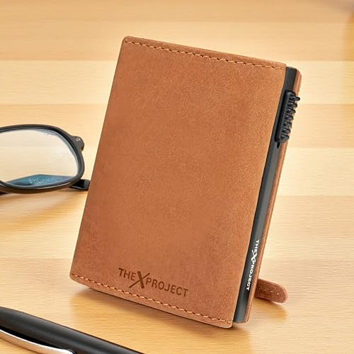 Image of The X Project Vaulton Trifold Wallet | Premium Genuine Leather | Aluminium Cardholder | Side Slide Pop-Up Card Ejector | Carry Up to 6 Cards and 1 Slot for Carrying Cash & Folded Bills (Tan)