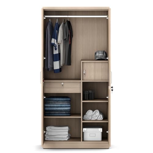 Image of Spacewood Coral Wardrobe | 3 Year Warranty | Almirah, Cupboard, Almari, 2 Door Wardrobe, 2 Drawer (1 Lock Drawer) and 1 Hanging Space & 1 Internal Locker |Engineered Wood| Drift Wood WP