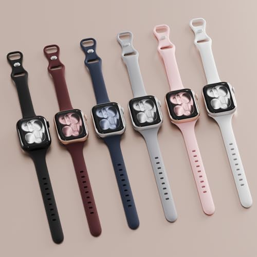 Image of 6 Pack Thin Slim Soft Silicone Bands Compatible with Apple Watch Women Men | 38mm 40mm 41mm 42mm 44mm 45mm 46mm 49mm, Waterproof Lightweight Strap for iWatch Series 11 /10 /9 /8 /7 /6 /5 /4 /3 /2 /1 SE Ultra