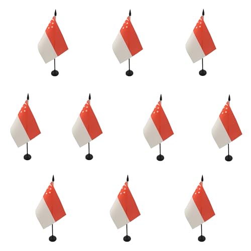 AZ FLAG - Lot de 10 Drapeau De Table Singapour - 15x10 cm - 10 Mini Drapeaux Singapourien De Bureau 100% Polyester Avec Hampe De 25cm Et Socle En Plastique Noir