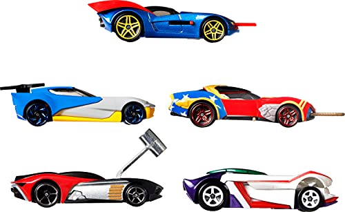 Hot Wheels Dc Toy Character Car 5-Pack In 1:64 Scale: Superman, Batman, Wonder Woman, The Joker Gt & Harley Quinn #TOP4
