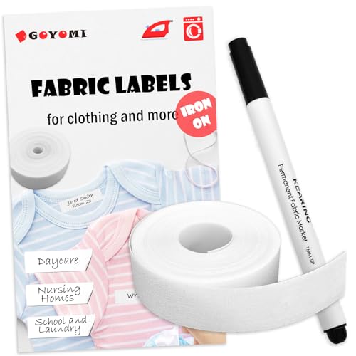 Writable Iron on Clothing Labels, 0.6 inch x 16.4 Ft., Fabric Labels Name Tags for Daycare, Nursing Home, Camp, School, Laundry, Organizing, Washer & Dryer Safe, with 1 Permanent Fabric Marker