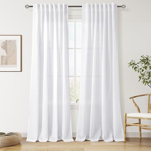 Image of Nanspring Snow White Linen Curtains 84 Inch Length 2 Panels Set for Living Room Light Filtering Semi Sheer Curtain Back Tab Luxury Neutral Coastal Modern Farmhouse Decor Drapes for Bedroom 52x84