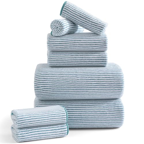 8-Piece Premium Towel Set for Bathroom|2 Oversized Large Bath Sheet,2 Hand Towels,4 Washcloths|Soft Cozy Highly Absorbent Fast Dry Microfiber Shower Towel Set for Hotel Bathroom Essentials,Lake Blue