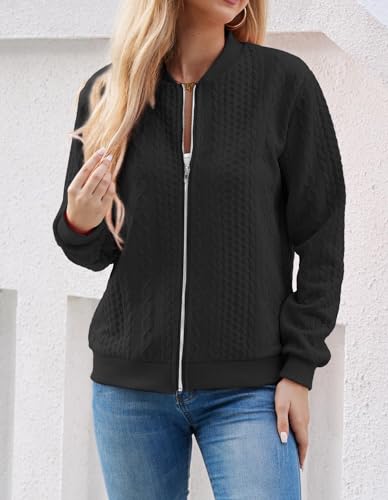 Image of WROLEM Women's Zip Up Cardigan Sweater Cable Hoodies Long Sleeve Jacket Outfits Crewneck Casual Coat Black