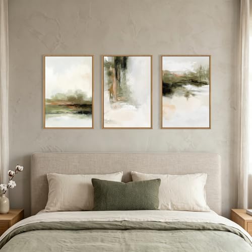 Image of KAIRNE Green Abstract Neutral Framed Canvas Wall Art Set,Modern Watercolor Shapes Wall Decor,Minimalist Pastel Art Prints,Brown Gray Tan Artwork for Living Room,Bedroom,Farmhouse,Office-16 x24 x3
