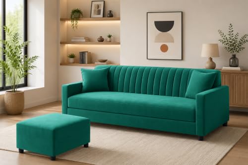 Image of Modern 3-Seater Wooden Sofa Set with Ottoman, Soft Velvet Upholstery, Comfortable Couch for Living Room, Office & Apartment - Green Color