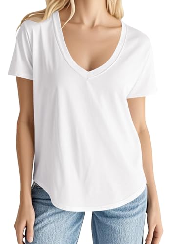 Smile Fish Women Short Sleeve V Neck T-Shirts Loose Fit Tops Summer Casual Top Tees