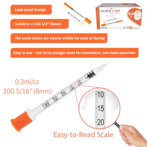 Image of 0.3 ml /cc Syringes 31G x 5 /16 inch (8mm), Orange Cap,100 pcs /bx | Fine Tip, Home & Lab Use, Clear Barrel, Bold Scale, Smooth Plunger Movement with back-end stopper, Leak-Proof Design