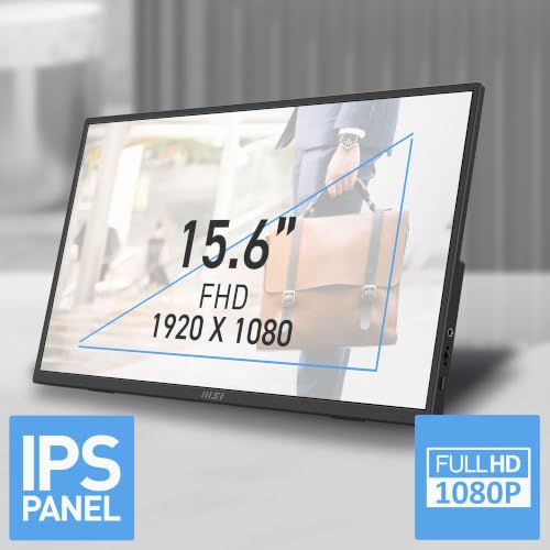 Image of MSI PRO MP165 E6 16-Inch Portable Monitor, 1920x1080 FHD, IPS Panel, 60Hz, 4ms, USB Type-C (DP Alt Mode & 15W PD), Mini HDMI 2.0b, Built-in Speakers, Ultra Slim, Tripod Mount, Anti-Glare, Black