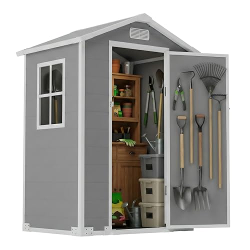LARBANKE Abri de Jardin Résine 127x93x195cm Toit Incliné Anti-Pluie Porte Verrouillable Rampe Fenêtre Aération Anthracite Cabanon Rangement Extérieur