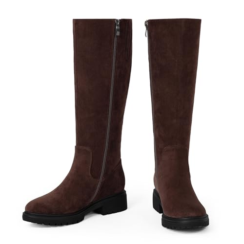 Image of VIUGJNEX Knee High Boots Women Low Heel Flat Chunky Fall Tall Riding Boots