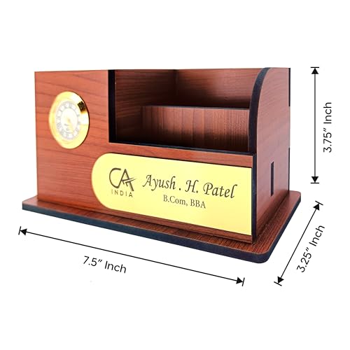 Image of AJANTA ROYAL Elegant Desktop Organizer with Clock, Pen Stand & Phone Holder & Personalized Name Tag, A unique corporate gift. (Brown)
