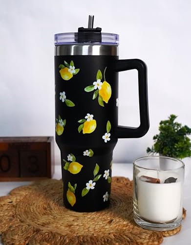 Image of 1200ML Stainless Steel Tumbler Hot and Cold with Handle and Lid and 2 Straws, Double Insulated Cup Leak Proof Mug Cupholder for Gym, Travelling (Black Summer Lemons)