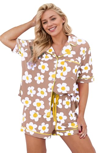 Image of KevaMolly Women Floral Notch Collar 2 Piece Holiday PJ Set | Print Short Sleeve Top, Drawstring Soft Vacation Sleep Shorts