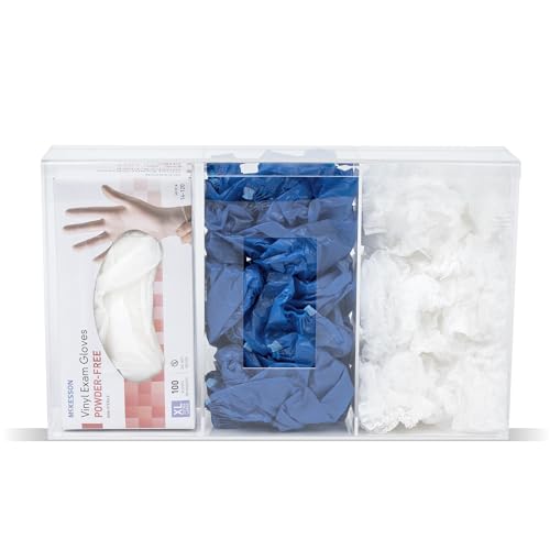 Image of IneVibe Triple Hygiene Holder - 3 Compartment Acrylic Dispenser with Lid for Hairnets, Glove Boxes, Face Masks, Plastic Bags, Tissue Boxes in Home or Medical Setting - Counter or Wall Mount (Triple)