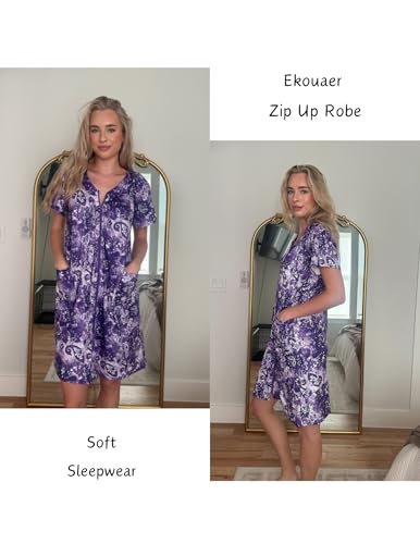 Image of Ekouaer Women Robe Zipper Front Mumu Duster Robes Zip Up Housecoat Soft Sleepwear with Pockets