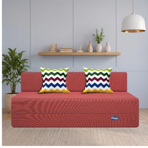 Image of Starlon 3 Seater Foldable Sofa Cum Bed 3-in-1 with 2 Waves Pattern Pillows, Washable Jute Fabric Cover, Space Saving Guest Bed, Pre-Assembled Royal Maroon 5x6.25 Ft