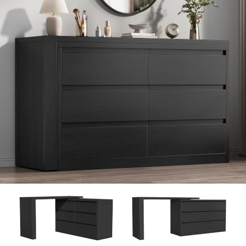 Jocoevol 6 Drawer Double Dresser for Bedroom, L Shaped Modern Simply Chest of Drawers, Wood Storage Corner Dresser with Anti-Tipping for Living Room Entryway Home Office, Black