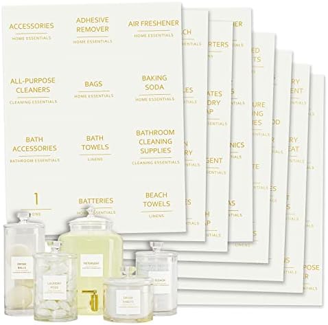 Talented Kitchen 144 Minimalist Laundry Room Labels, Organization Stickers for Glass Jars, Containers, Spray Bottles (Gold Print on White Matte Backing)