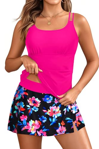 Image of Women Tankini with Skirt Two Piece Swimsuits Tummy Control Bathing Suit