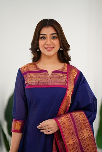 Image of TWINLIGHT Women's Kanchi Cotton Elephant Jaquard Work Kurta and Dupatta Set | V Neck 3 /4 Sleeves Straight Calf Length Kurti with Jaquard Border Work Dupatta | Kurti Set for Women