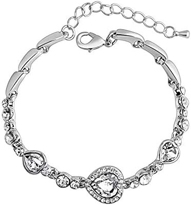 Ladies Silver Lovely Crystal Heart Shape Pendant Bracelet Lucky Gemstone Chain Plain Bracelet Jewellry Decoration for Women Girl