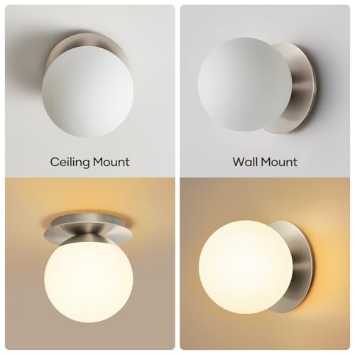 Image of 1 Pack Brushed Nickel Wall Sconce, Modern Bathroom Sconce with Milky Globe Glass, Wall Light for Bathroom Mirror, Living Room, Hallway (Bulb Not Included)