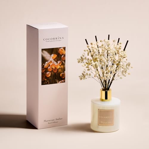 Image of COCORRINA Reed Diffuser - Moroccan Amber 6.7 Fl.oz Reed Diffuser Set with Sticks & Preserved Baby's Breath, Reed Diffuser for Home Bathroom Shelf Decor