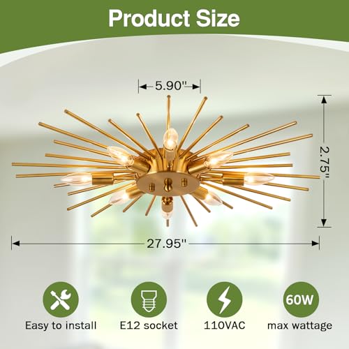 Image of Gold Flush Mount Ceiling Light Fixture Modern 8 Light Ceiling Lighting Metal Chandelier for Kitchen Dining Room Farmhouse Bedroom Hallway Living Room